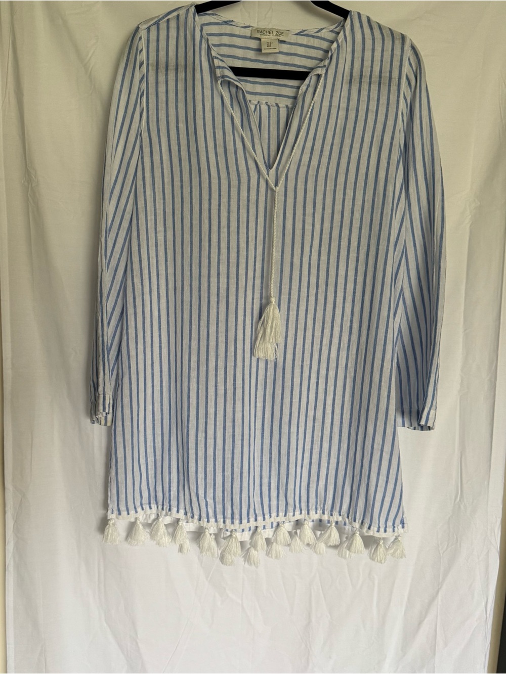 Rachel Zoe Blue & White Striped Linen Blend Tassel Tunic Coverup Size S